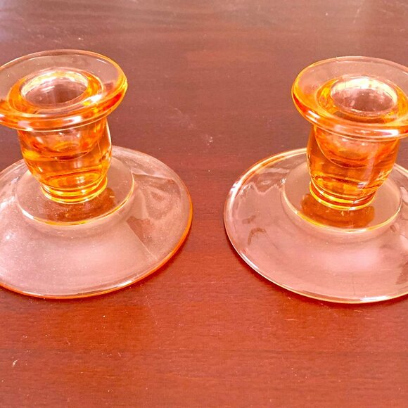 Vintage Set of 2 Pink Depression Glass Candle Holders - Picture 1 of 4
